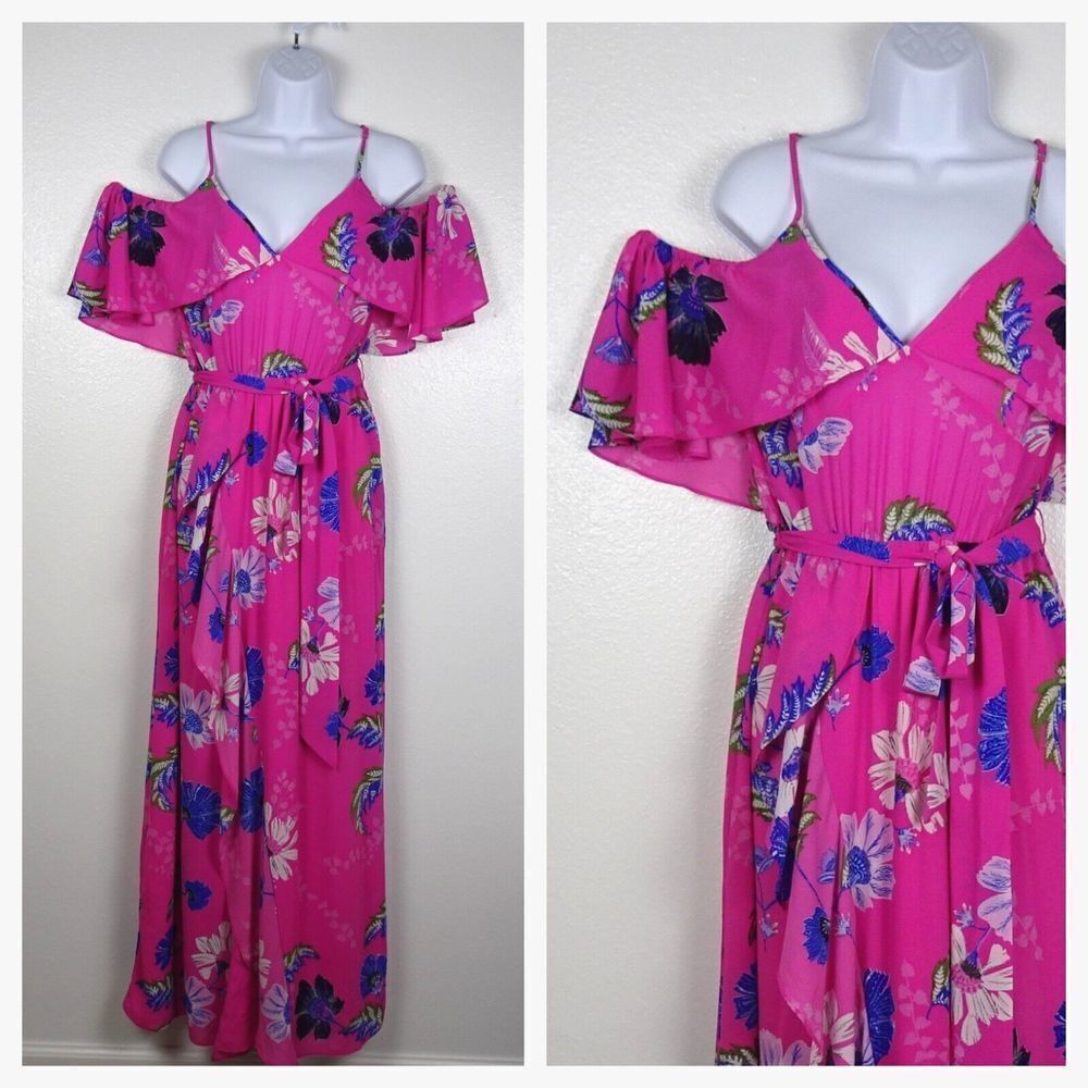 RACHEL ROY Maxi Dress Cold Shoulder Floral Flowy Ruffle Slit Tie-Waist Pink 6 - Picture 3 of 13